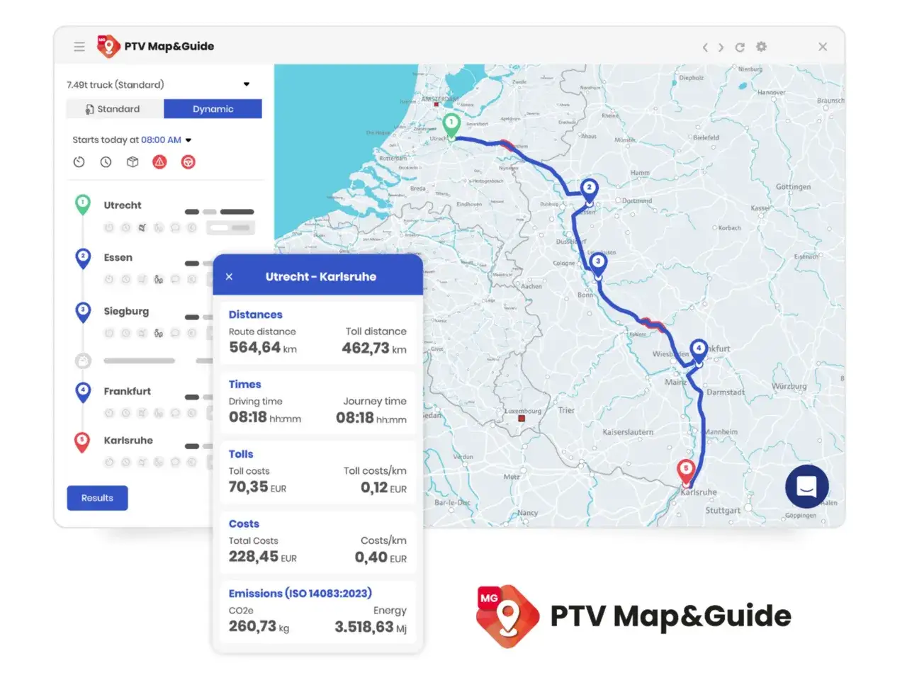 Systemy telematyczne w PTV Map&Guide pokazują trasę Utrecht-Karlsruhe z czasem przejazdu, kosztami i emisjami.