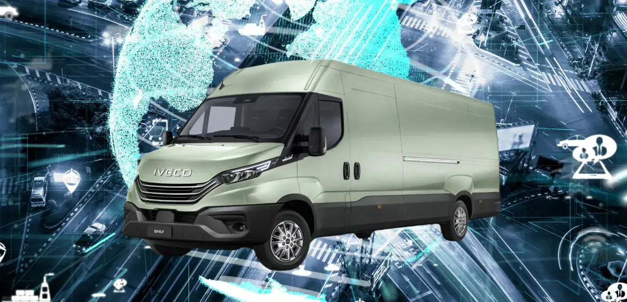 Zielona furgonetka Iveco Daily na tle cyfrowej mapy świata i ruchu drogowego. To przykład, co to telematyka w transporcie.