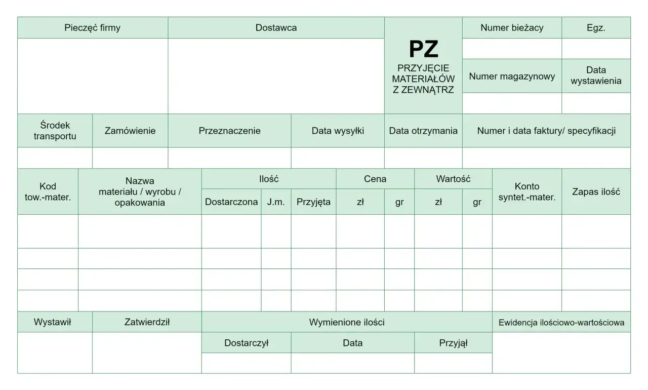 Wz&oacute;r instrukcji wysyłkowej PZ - przyjęcie materiał&oacute;w z zewnątrz, z polami na dane dostawcy, numer bieżący, numer magazynowy, datę wystawienia, szczeg&oacute;ły transportu, ilości, ceny i wartości.