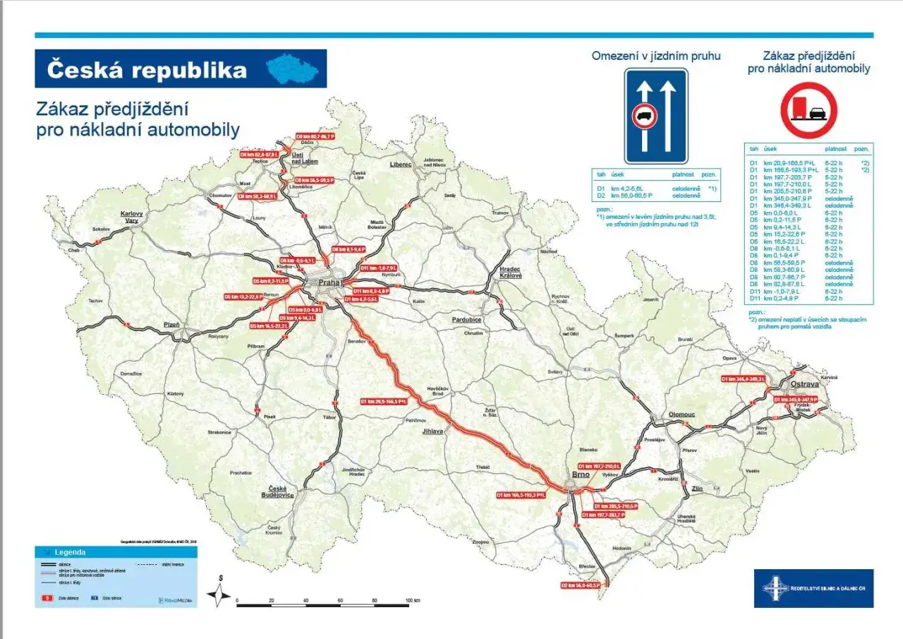 Mapa zakaz jazdy czechy: zakaz předj&iacute;žděn&iacute; pro n&aacute;kladn&iacute; automobily na vybran&yacute;ch &uacute;sec&iacute;ch d&aacute;lnic v ČR.