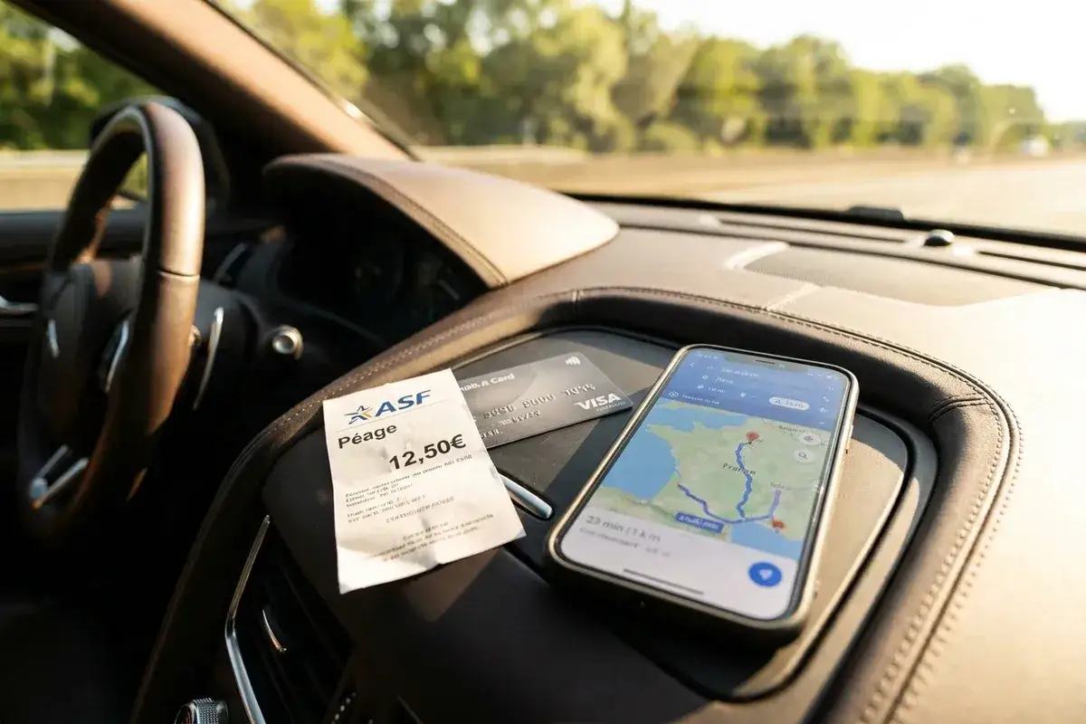 Na desce rozdzielczej samochodu leży paragon za przejazd autostradami we Francji, karta płatnicza i telefon z nawigacją pokazującą trasę po Francji.