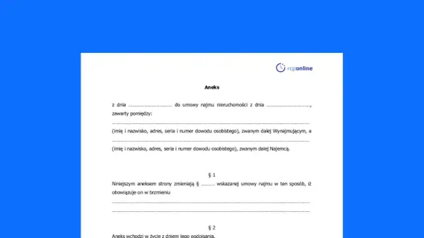 Aneks do umowy najmu nieruchomości. Dokument opisuje cesję umowy, wskazując strony i datę wejścia w życie zmian.