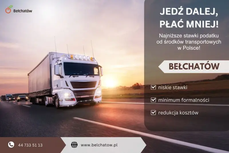 Ciężarówka na drodze o zachodzie słońca. Reklama Bełchatowa zachęca do jazdy i płacenia mniej, oferując niskie stawki, minimum formalności i redukcję kosztów, czyli pozostałe koszty operacyjne.